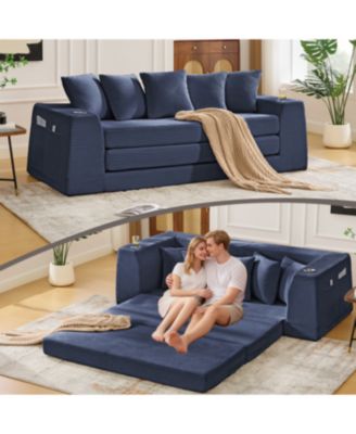 Streamdale Blue Corduroy Convertible Sofa Bed with 5 Pillows, No Assembly