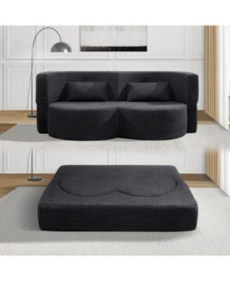 Folding sofa bed, teddy bear fabric foam sleeper futon double sofa (black)