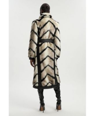 Women's Stripe Faux Fur Belted Long Coat