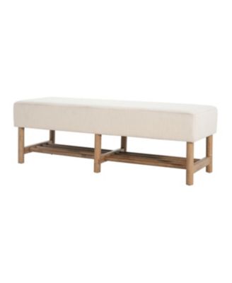 Rectangular Upholstered Linen Fabric Ottoman Bench, Solid Wood Legs, Beige