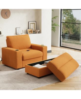 Oversized Corduroy Chaise Lounge with Storage Ottoman, Cup Holders & USB