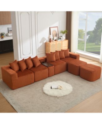 U Shaped Sofa, USB/Wireless Charge, Coffee Table, Movable, 6 Seats, Corduroy, Orange