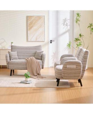 Modern two-seater sofa with armrests, pillows, and storage pockets.