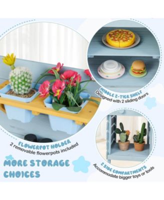 Play Kitchen for Kids Wooden Toy Kitchen Playset with Chalkboard Grill Rack