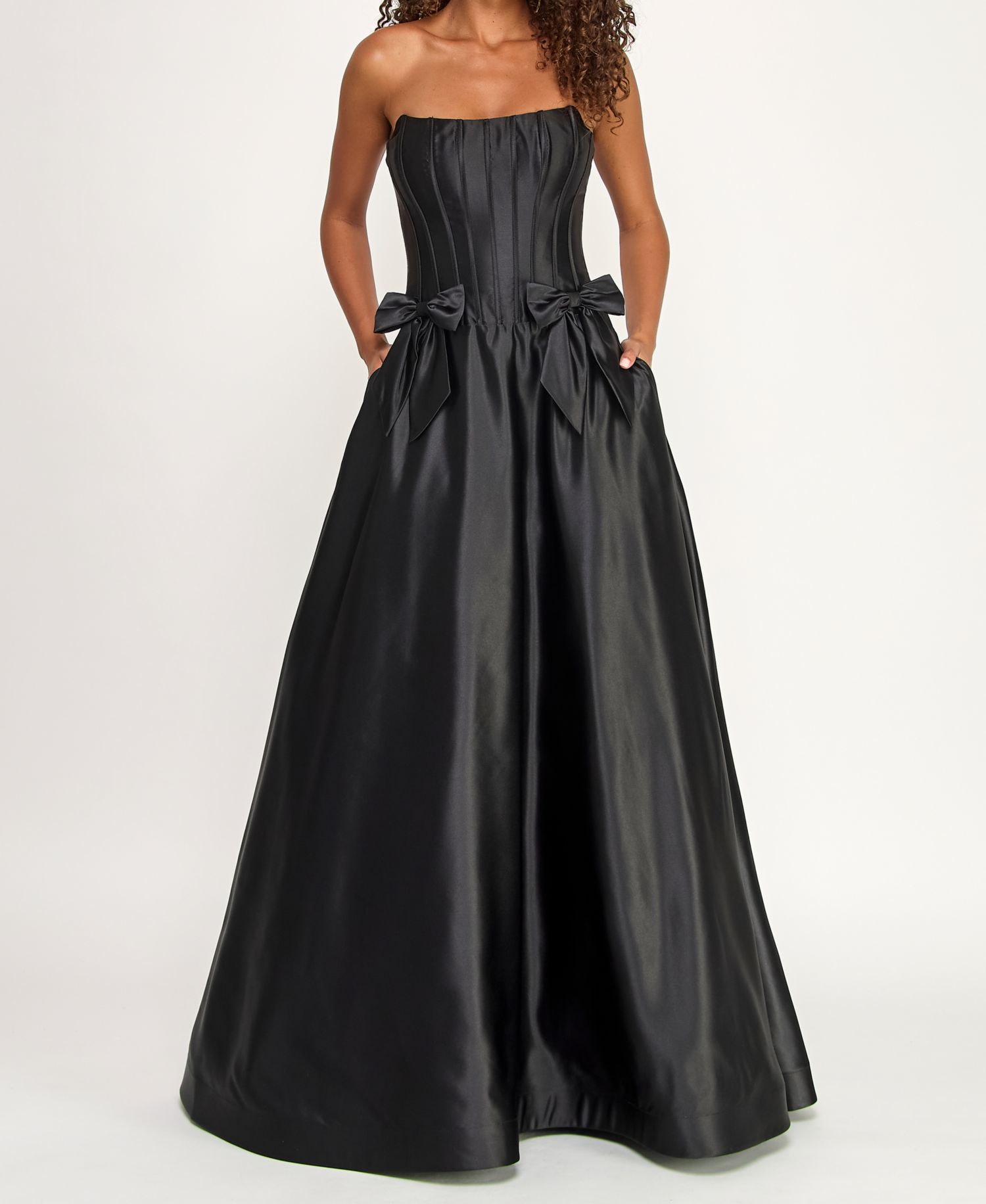 Juniors Strapless Satin Ball Gown with Waist Bows and Corset Bodice