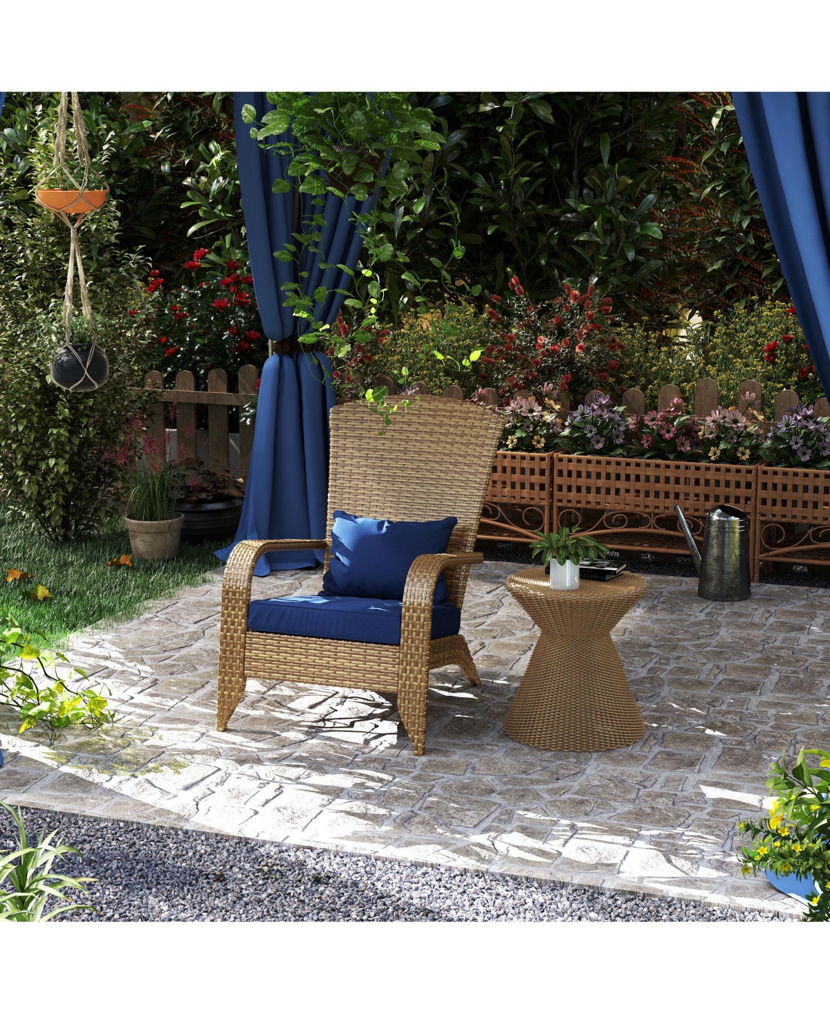 Outsunny Patio Wicker Adirondack Chair, Outdoor All-Weather Rattan Fire Pit Chair w/ Soft Cushions, Tall Curved Backrest and Comfortable Armrests for