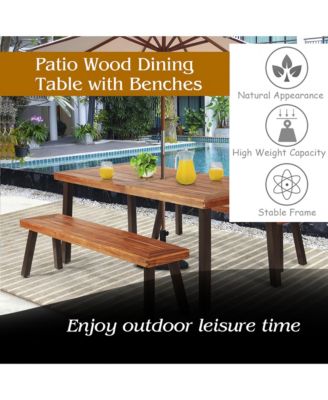 3 Pieces Picnic Table Set Acacia Wood Table Bench with Steel Legs Outdoor Patio