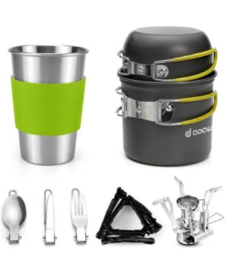 Camping Cookware Stove Carabiner Canister Stand Tripod and Stainless Steel Cup, Tank Bracket, Fork Spoon Kit