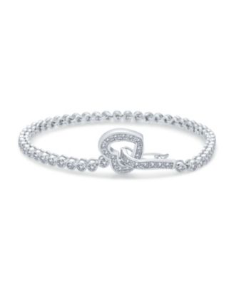 Open Heart Cubic Zirconia Bezel Tennis Bracelet & Round Stud Earrings Jewelry Set Sterling Silver