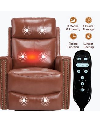 Genuine Leather Heat Massage Manual Recliner Chair with Rocker and Swivel