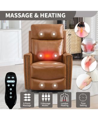 Genuine Leather Heat Massage Manual Recliner Chair with Rocker and Swivel