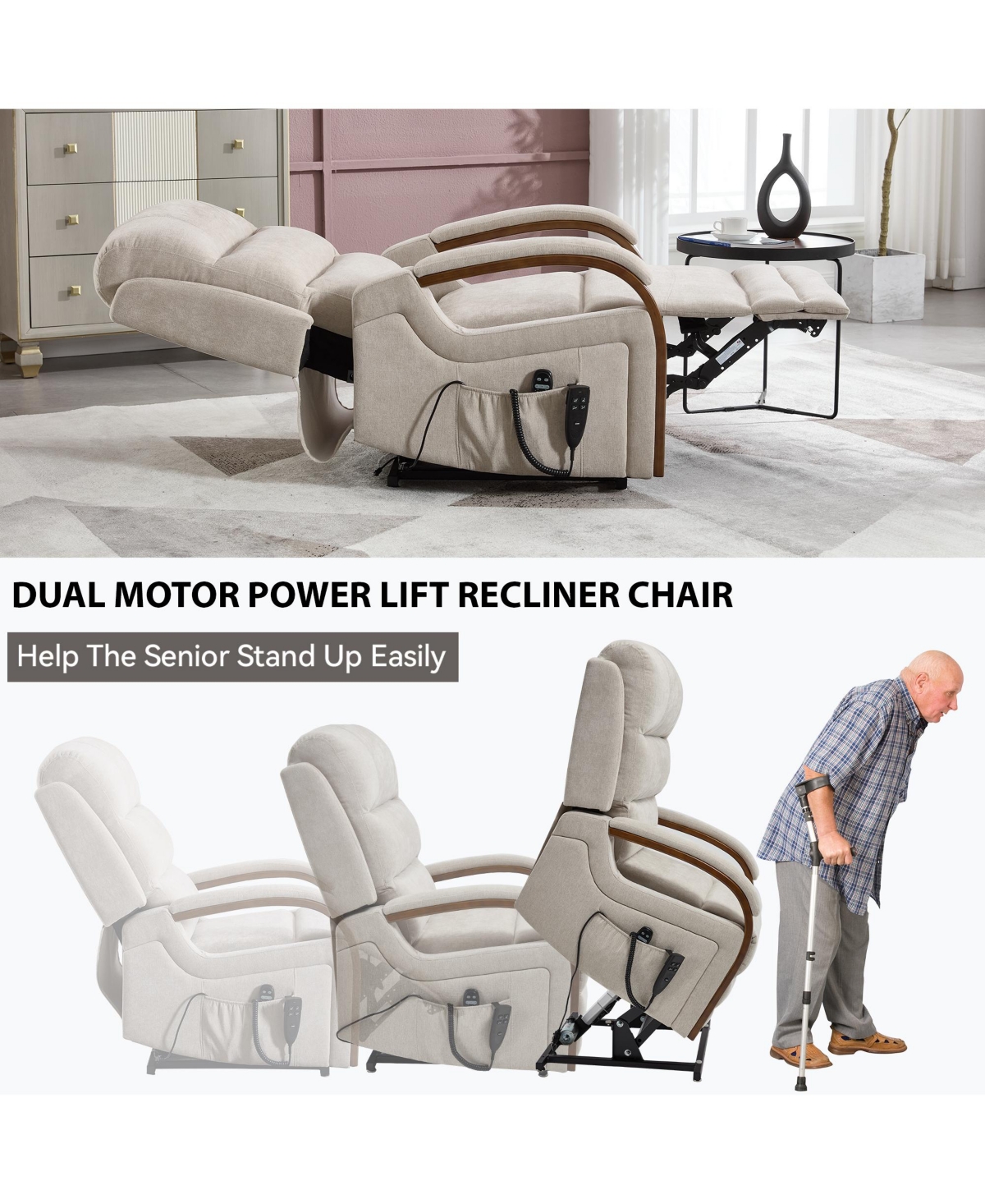 Power Chenille Lift Recliner Chair Dual Motor Infinite Position Up to 350 Lbs with Solid Wood Armrests, Heat Massage and Heavy Duty Motion Mechanism