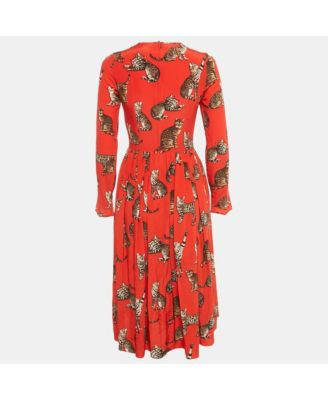 Women's Red Cat Print Silk Midi Dress