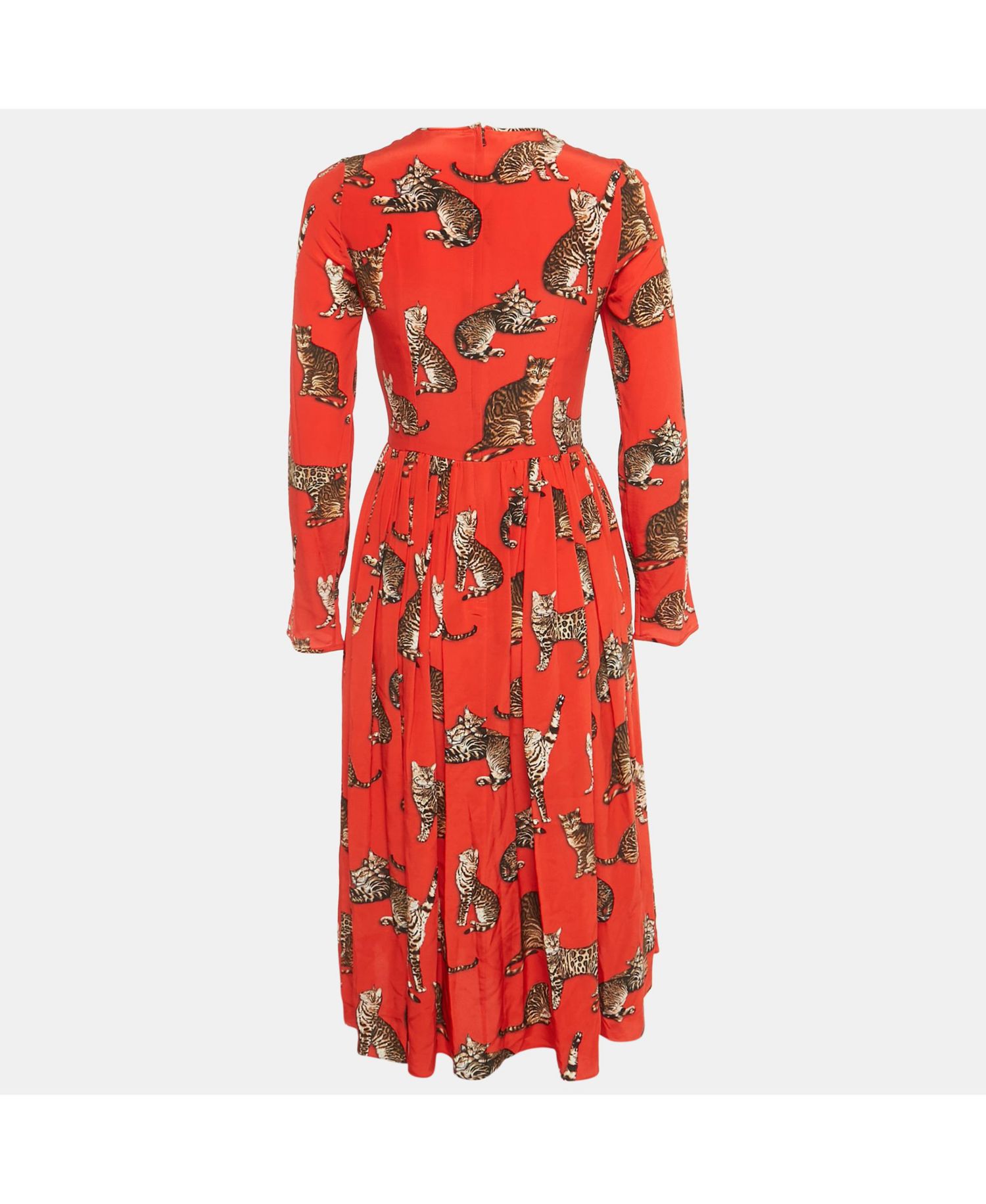 Women's Pre-Owned Dolce and Gabbana Red Cat Print Silk Midi Dress