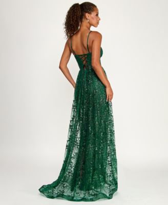 Juniors' Glitter Sequin Walk-Through Gown
