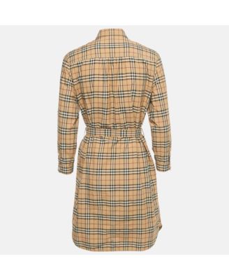 Women's Beige Check Print Cotton Shirt Dress