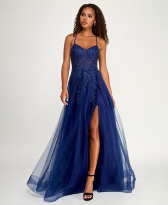 Juniors' Embroidered Appliqu&eacute; Side-Slit Ball Gown, Created for Macy's