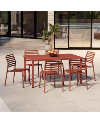 7-Piece Metal Rectangular Patio Dining Table Set With Stackable Plastic Dining Chairs For 6