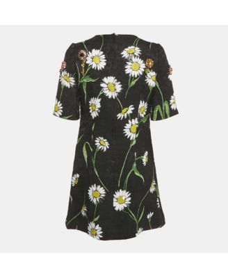 Women's Black Floral Jacquard Crystal Detail Mini Dress