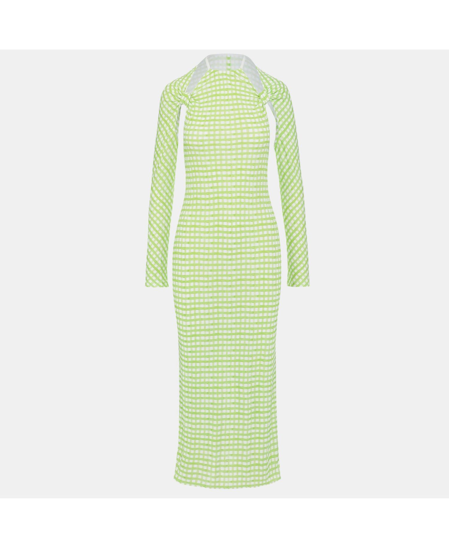 Women's Green Checkered Print Jersey La Robe Nodi Midi Dress