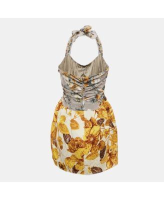 Women's Grey/yellow Floral Print Jacquard And Crepe Halter Neck Dress