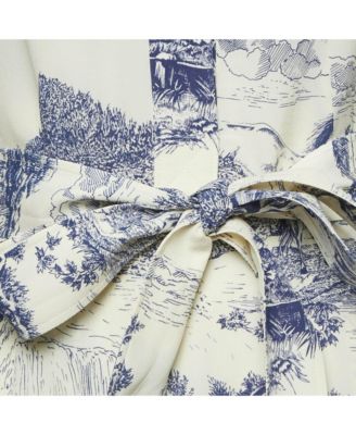 Women's Cream/blue Printed Silk Mini