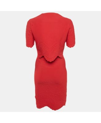 Women's Red Textured Stretch Knit Scallop Hem Top And Skirt Set