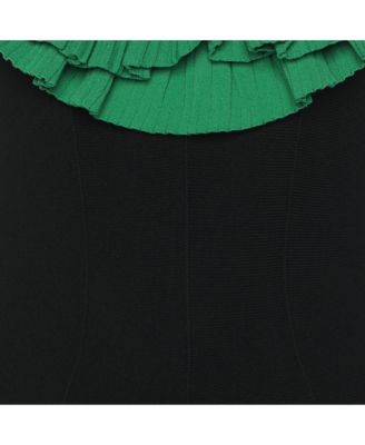 Women's Black/green Jersey Flounced Plunge Neck Dress