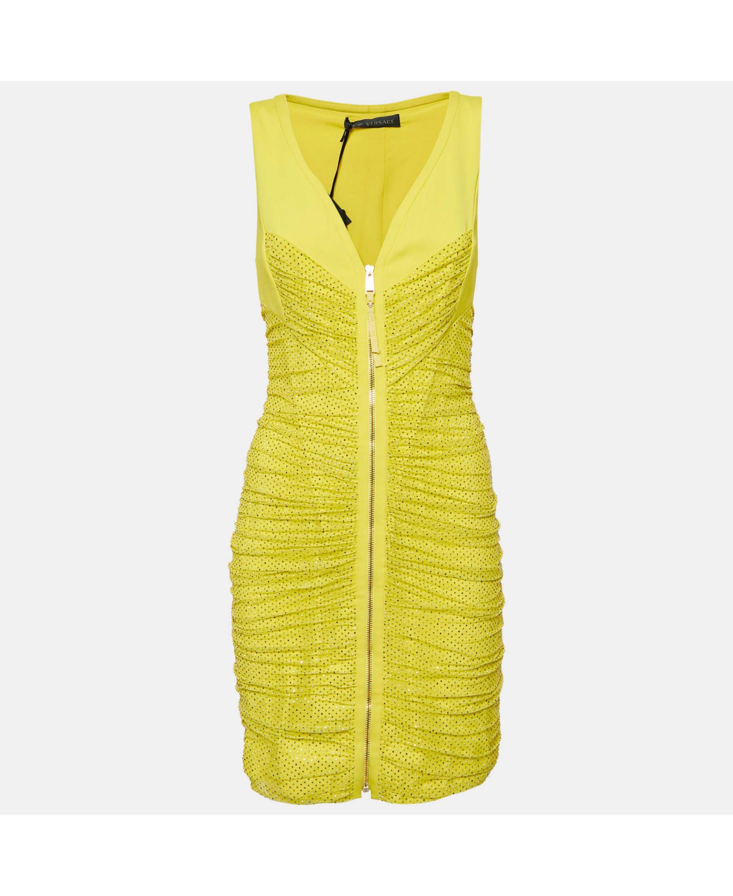 Women's Yellow Embellished Tulle And Jersey Ruche Mini Dress