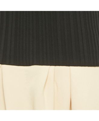 Women's Black/beige Rib Knit And Cotton Asymmetric Midi Dress