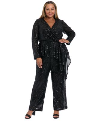 Muse Plus Size Sequin Long Sleeve Twist Wrap Top and Pull On Pants