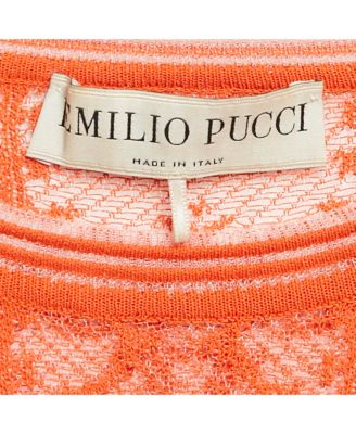 Women's Orange Monogram Patterned Sheer Knit Long Sleeve Top