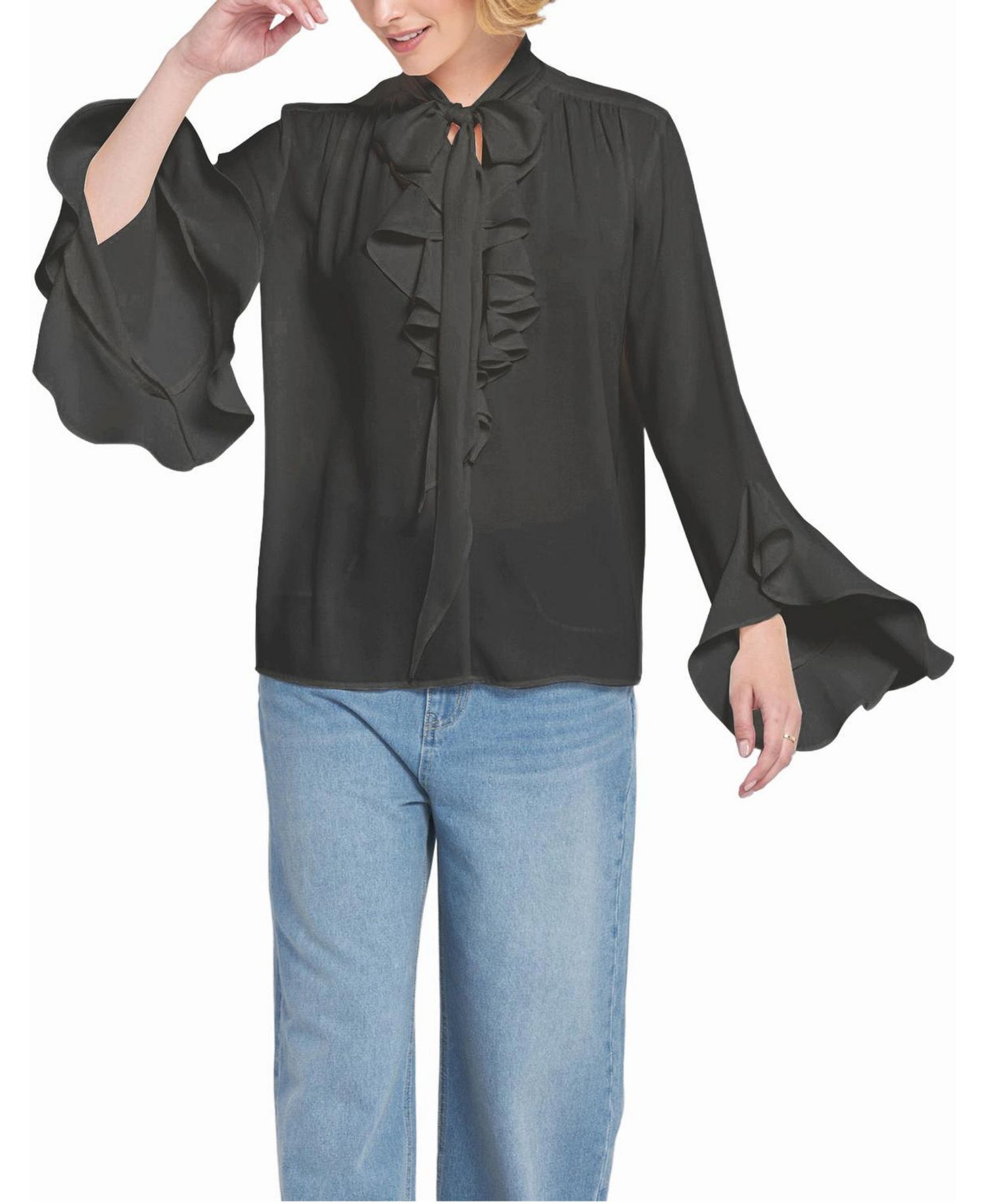 Women's Flounce-Trimmed Tie-Neck Blouse Top
