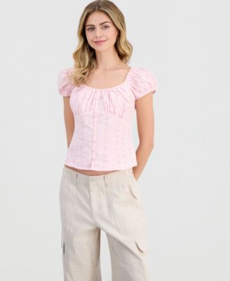Juniors' Eyelet Short-Sleeve Button-Front Top
