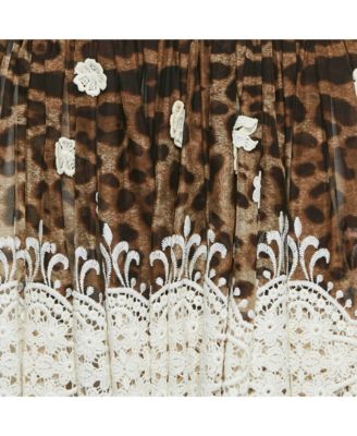 Women's Brown Leopard Print Lace Trim Silk Mini Skirt