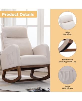 Beige Linen Rocking Recliner Chair – Modern Home Furniture with Wood Legs, Side Pocket & High Back