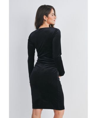 Maternity Long Sleeve V Neck Ruched Velvet Dress - Black - Medium