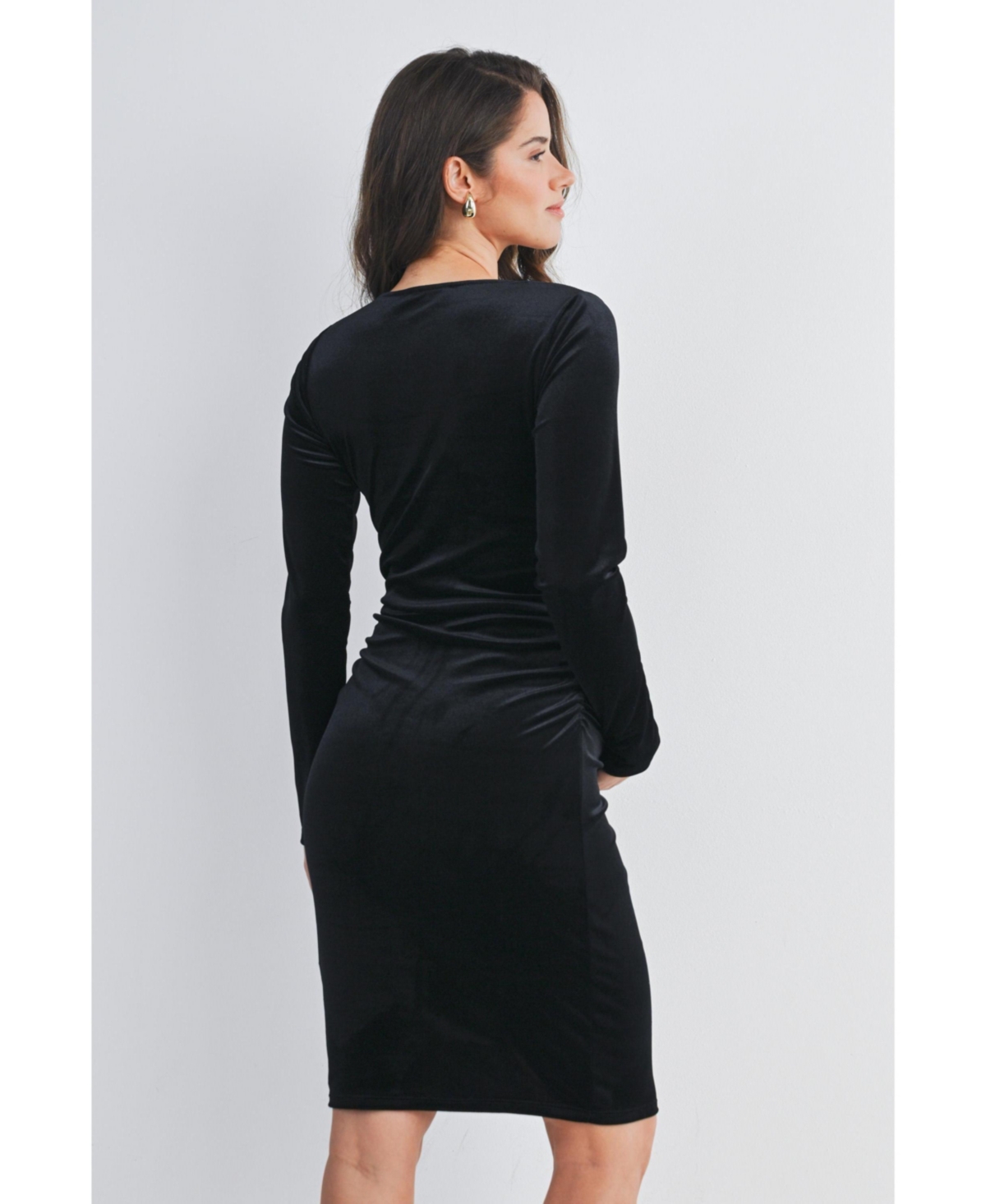 Hello Miz Maternity Long Sleeve V Neck Ruched Velvet Dress