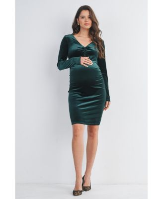 Maternity Long Sleeve V Neck Ruched Velvet Dress - Green - Medium
