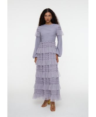 Women's Modest Ruffle Dress Maxi With Abstract Print