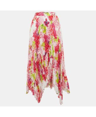Women's Multicolor Floral Print Satin Pleated Asymmetric Midi Skirt