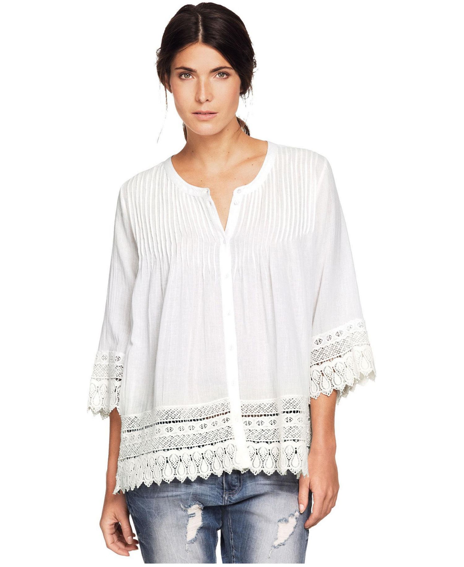 Women's 100% Cotton Crepe Button-Front Three-Quarter Sleeve Crochet Trim Blouse