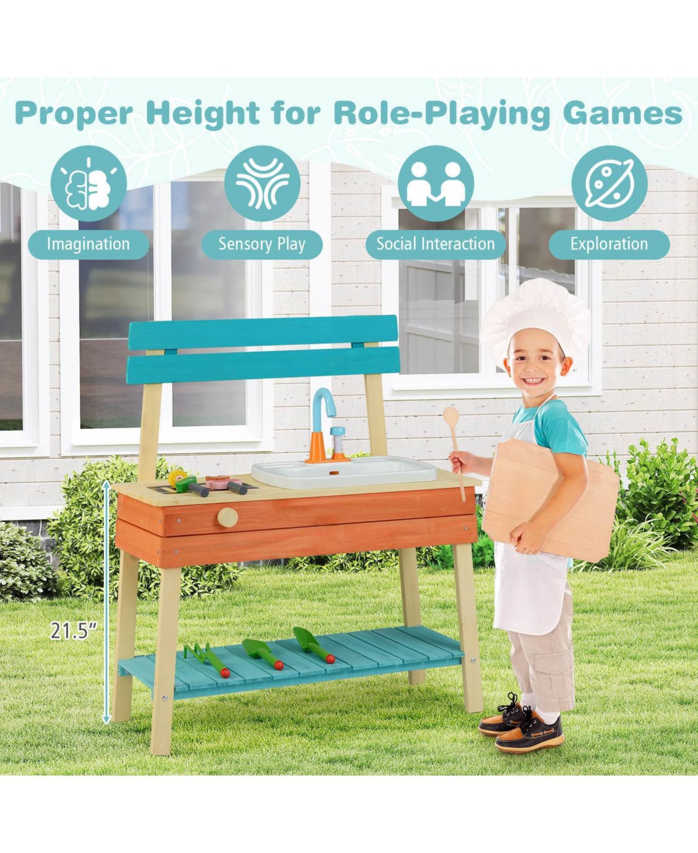 Детская игрушка Costway Water Play Wooden Mud Kitchen, Ages 3-8, цвет: Assorted Pre-Pack — фото 9