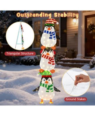 Lighted Penguins Decoration Set of 3 with 156 Warm White Lights Cute Hats & Scarves