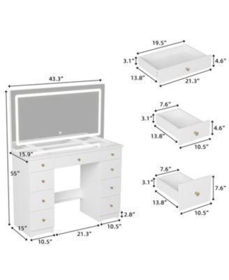 9-Drawer Vanity with 3 Color LED Mirror, Tempered Glass Countertop,Crystal Handle, Makeup Table,Chest