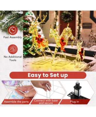 Christmas Lighted Reindeer with LED Lights and Red Bows Stakes