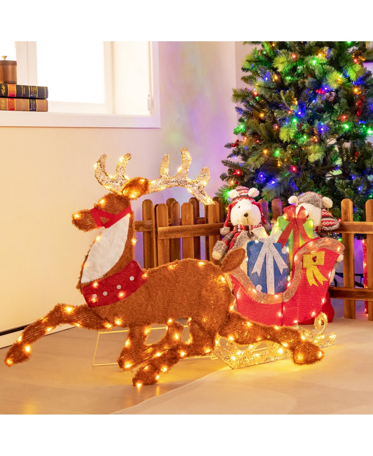 Lighted 2D Christmas Reindeer and Sleigh Decoration Pre-Lit Glittered Decoration