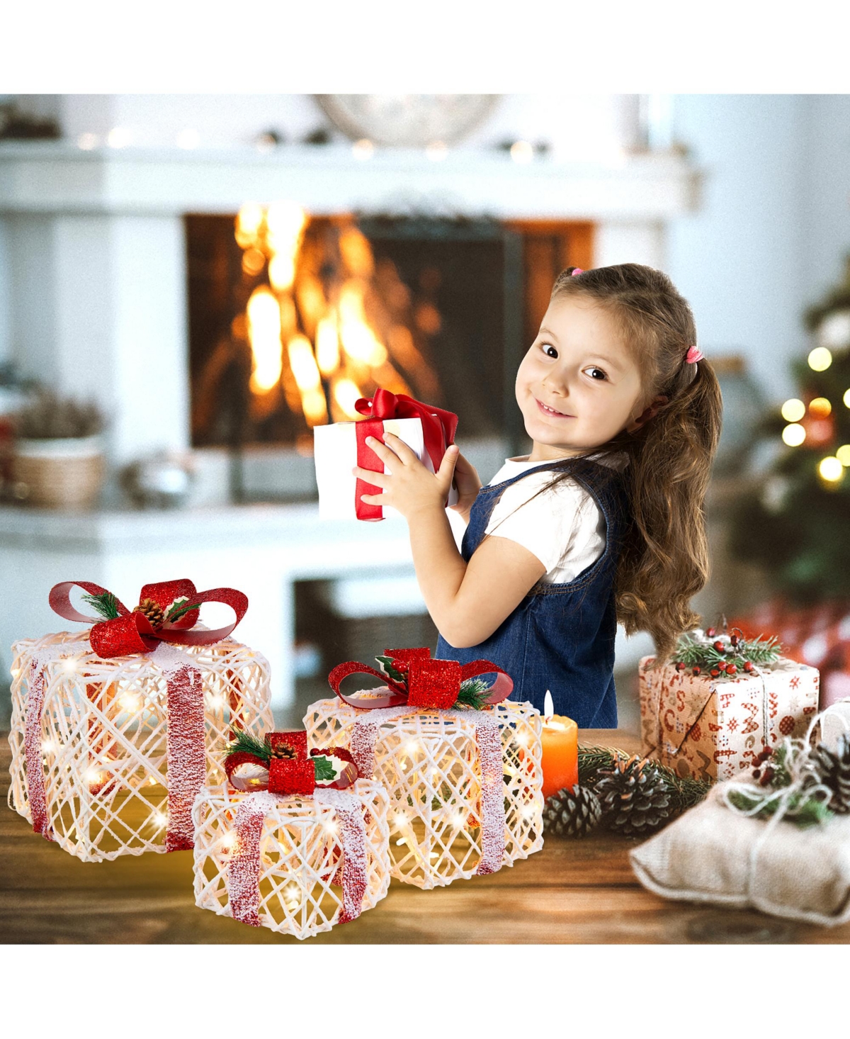 Costway Set of 3 Christmas Lighted Gift Boxes, Indoor Present Box Holiday Decoration