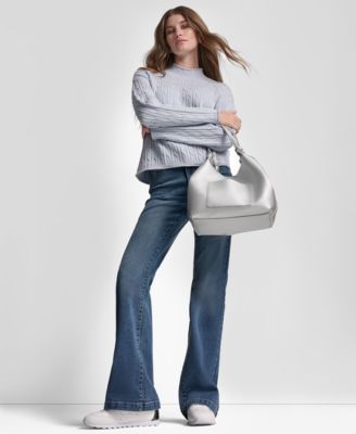 Women's Mock Neck Drop Shoulder Cable Sweater