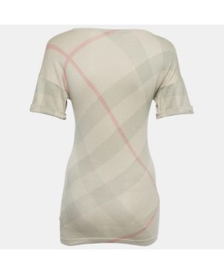 Women's Brit Beige Checked Silk Blend Knit V-Neck T-Shirt